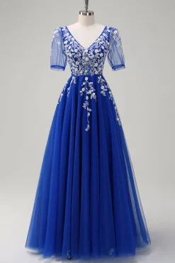 Sparkly Royal Blue A-Line V Neck Appliques Tulle Long Prom Dress com mangas curtas