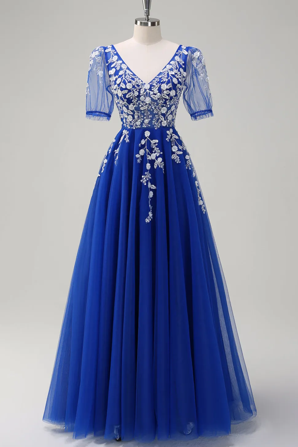 Sparkly Royal Blue A-Line V Neck Appliques Tulle Long Prom Dress com mangas curtas