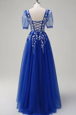 Sparkly Royal Blue A-Line V Neck Appliques Tulle Long Prom Dress com mangas curtas