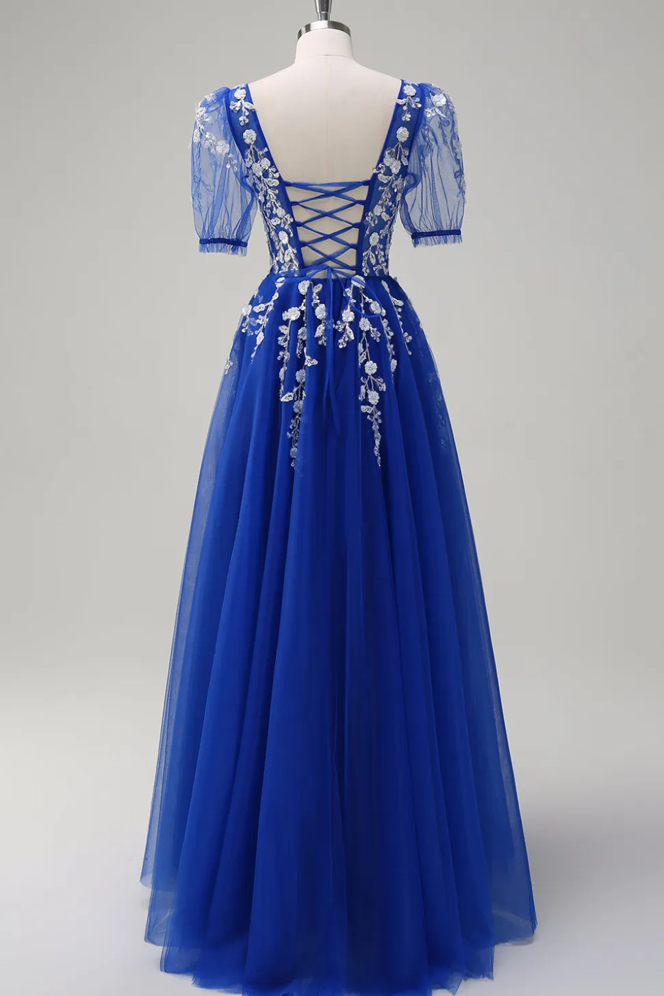 Sparkly Royal Blue A-Line V Neck Appliques Tulle Long Prom Dress com mangas curtas