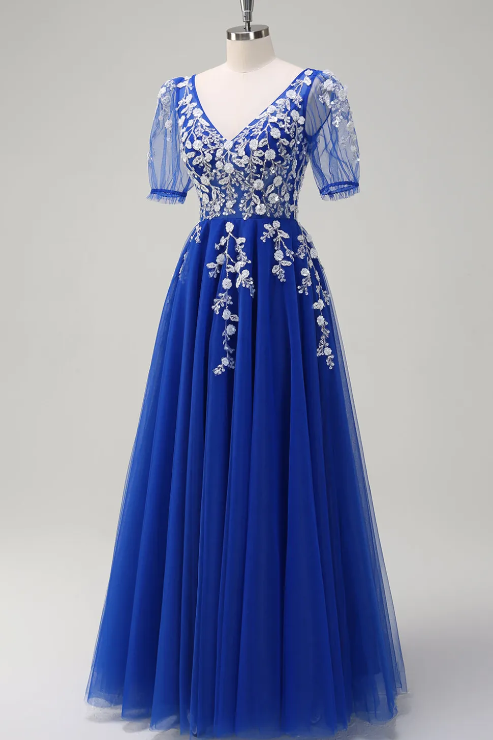 Sparkly Royal Blue A-Line V Neck Appliques Tulle Long Prom Dress com mangas curtas