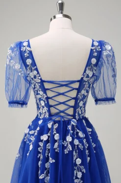 Sparkly Royal Blue A-Line V Neck Appliques Tulle Long Prom Dress com mangas curtas