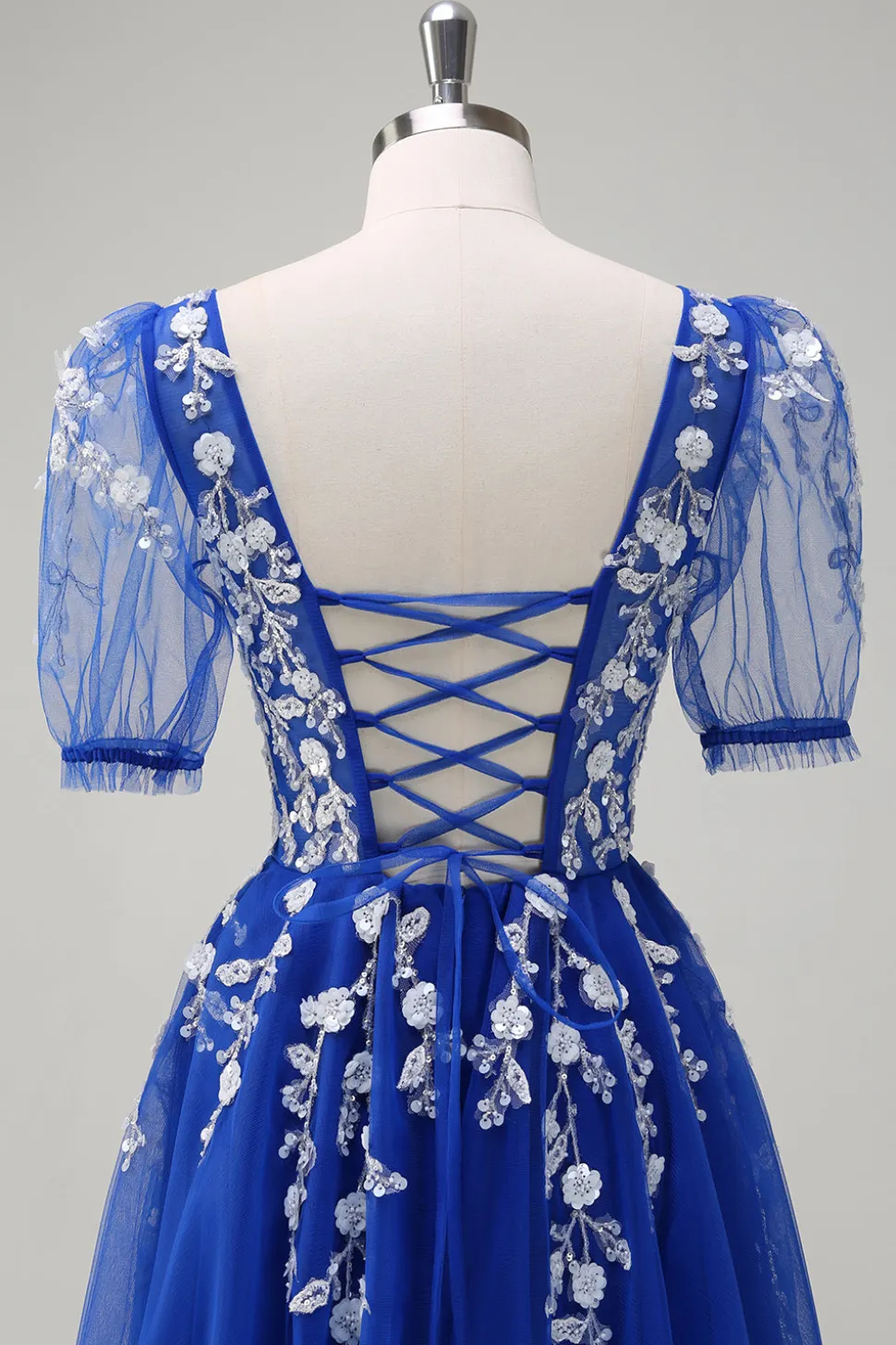 Sparkly Royal Blue A-Line V Neck Appliques Tulle Long Prom Dress com mangas curtas