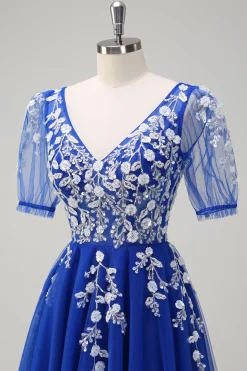Sparkly Royal Blue A-Line V Neck Appliques Tulle Long Prom Dress com mangas curtas