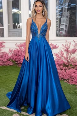Sparkly Royal Blue A-Line Deep V Neck Appliques Vestido de Baile de Cetim com Sequins