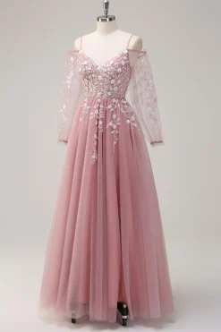 Sparkly Royal Blue A-Line Ombro Frio Mangas Longas Vestido de Baile de Formatura com Apliques