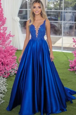 Sparkly Royal Blue A-Line Mergulho V Pescoço Cetim Long Prom Dress com Apliques
