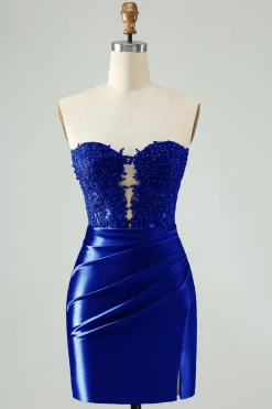 Sparkly Royal Blue Bodycon Strapless Hollow out Homecoming Vestido com renda