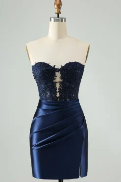 Sparkly Royal Blue Bodycon Strapless Hollow out Homecoming Vestido com renda