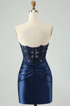 Sparkly Royal Blue Bodycon Strapless Hollow out Homecoming Vestido com renda