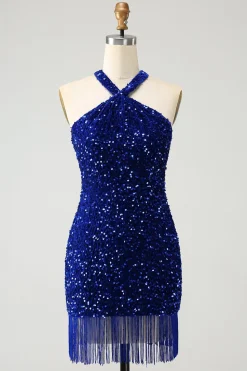 Sparkly Royal Blue Bodycon Halter Sequin Vestido Curto Homecoming com Tassel