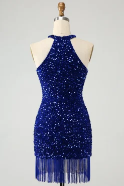 Sparkly Royal Blue Bodycon Halter Sequin Vestido Curto Homecoming com Tassel