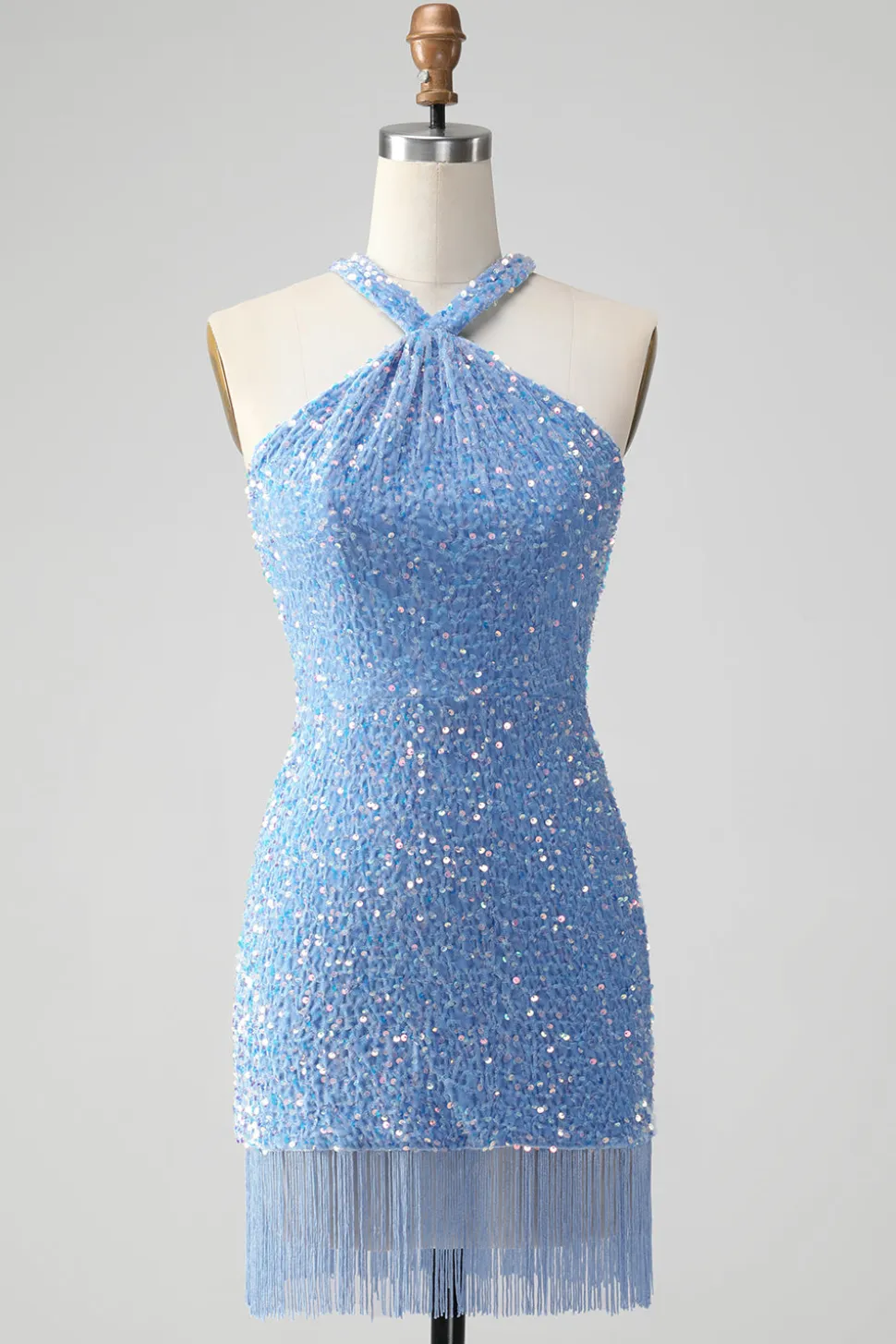 Sparkly Royal Blue Bodycon Halter Sequin Vestido Curto Homecoming com Tassel