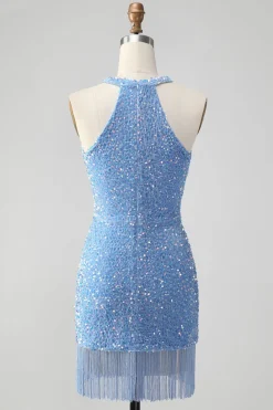 Sparkly Royal Blue Bodycon Halter Sequin Vestido Curto Homecoming com Tassel