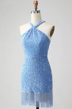 Sparkly Royal Blue Bodycon Halter Sequin Vestido Curto Homecoming com Tassel