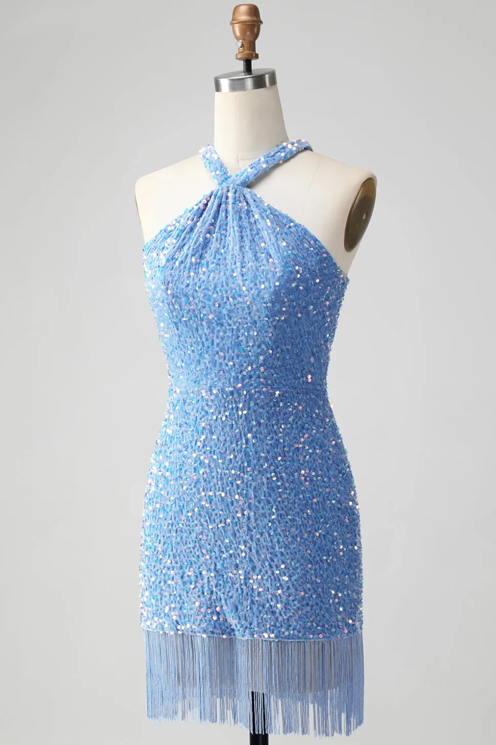 Sparkly Royal Blue Bodycon Halter Sequin Vestido Curto Homecoming com Tassel