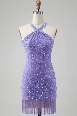 Sparkly Royal Blue Bodycon Halter Sequin Vestido Curto Homecoming com Tassel
