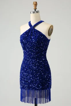 Sparkly Royal Blue Bodycon Halter Sequin Vestido Curto Homecoming com Tassel