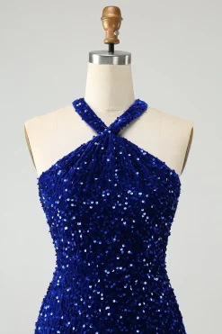 Sparkly Royal Blue Bodycon Halter Sequin Vestido Curto Homecoming com Tassel