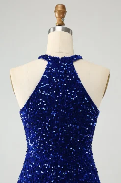Sparkly Royal Blue Bodycon Halter Sequin Vestido Curto Homecoming com Tassel