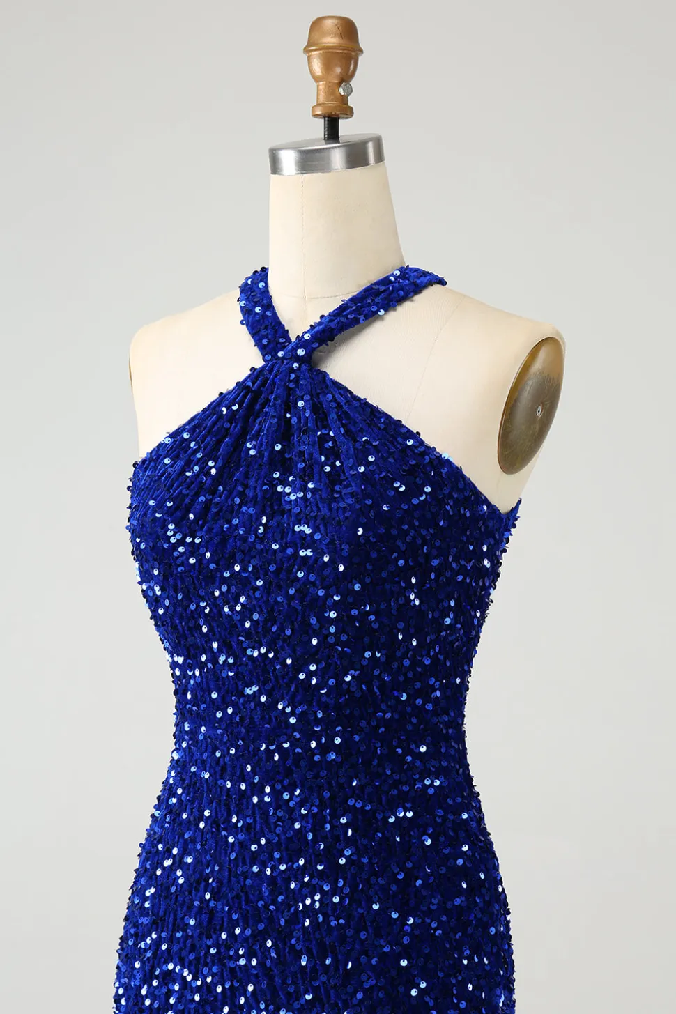 Sparkly Royal Blue Bodycon Halter Sequin Vestido Curto Homecoming com Tassel
