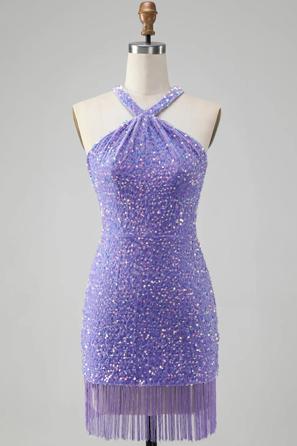 Sparkly Royal Blue Bodycon Halter Sequin Vestido Curto Homecoming com Tassel