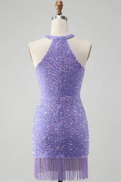 Sparkly Royal Blue Bodycon Halter Sequin Vestido Curto Homecoming com Tassel