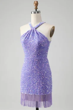 Sparkly Royal Blue Bodycon Halter Sequin Vestido Curto Homecoming com Tassel