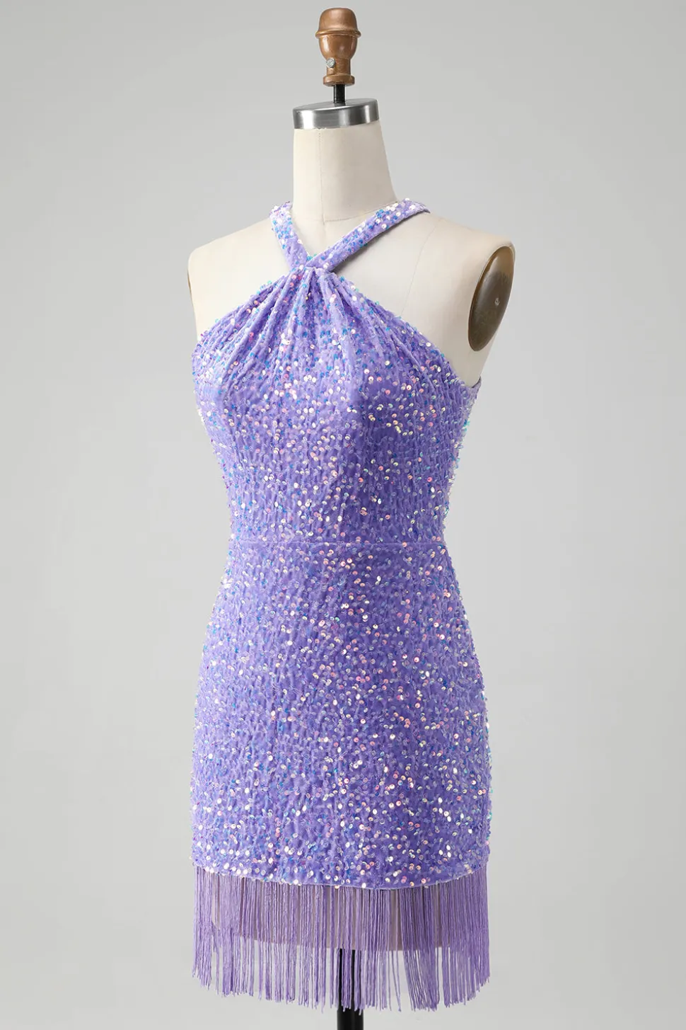 Sparkly Royal Blue Bodycon Halter Sequin Vestido Curto Homecoming com Tassel