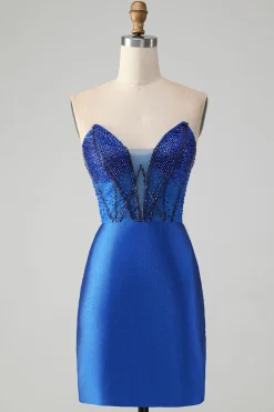 Sparkly Royal Blue Bodycon Strapless Vestido Curto Homecoming com Missangas