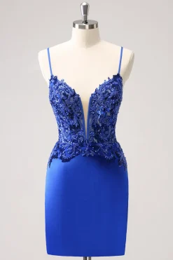 Sparkly Royal Blue Sequin Tight Short Homecoming Dress Com Renda Para Trás