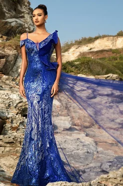 Sparkly Royal Blue Sereia Vestido de Noite com Streamer
