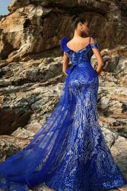 Sparkly Royal Blue Sereia Vestido de Noite com Streamer
