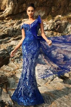 Sparkly Royal Blue Sereia Vestido de Noite com Streamer