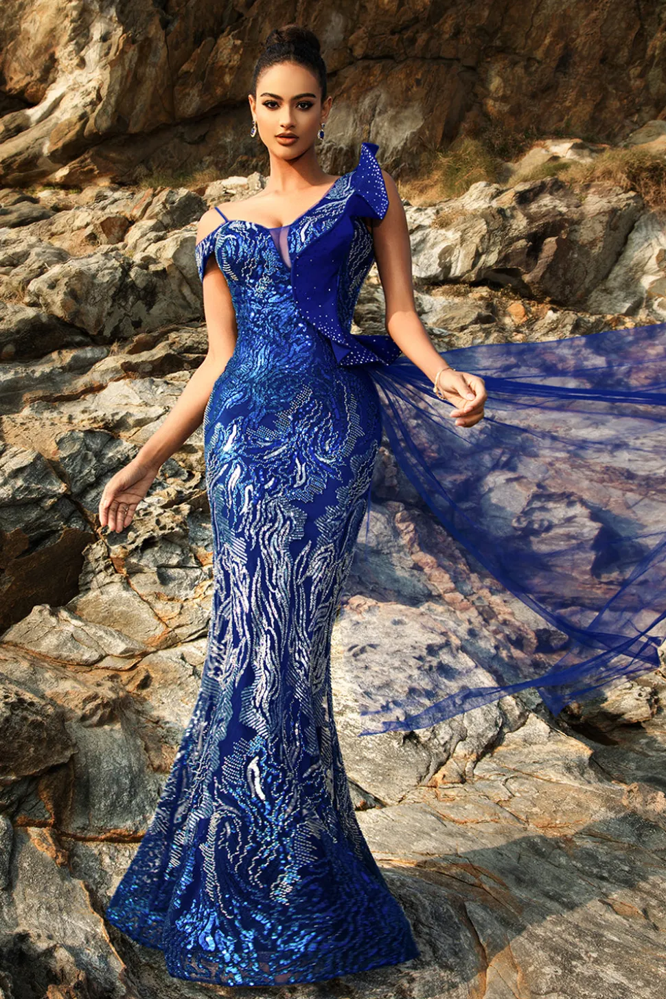 Sparkly Royal Blue Sereia Vestido de Noite com Streamer