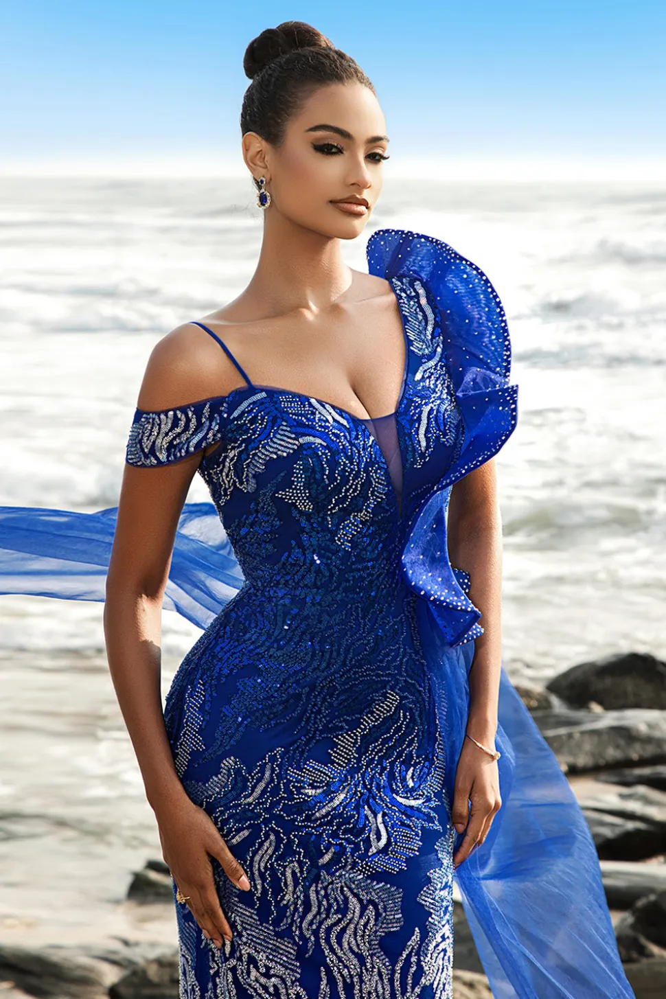 Sparkly Royal Blue Sereia Vestido de Noite com Streamer
