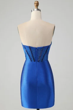 Sparkly Royal Blue Tight Strapless Vestido Curto Homecoming com Missangas