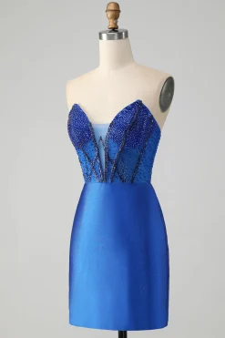Sparkly Royal Blue Tight Strapless Vestido Curto Homecoming com Missangas