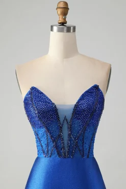 Sparkly Royal Blue Tight Strapless Vestido Curto Homecoming com Missangas