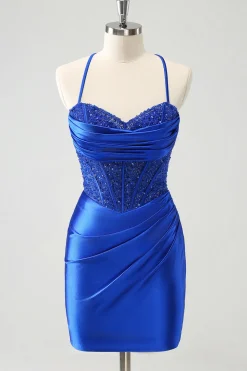 Sparkly Royal Blue Tight Corset Short Homecoming Dress com renda para trás