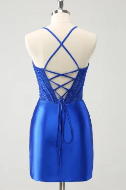 Sparkly Royal Blue Tight Corset Short Homecoming Dress com renda para trás