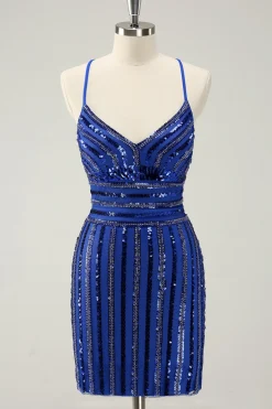 Sparkly Royal Blue Tight Sequined Spaghetti Correias Homecoming Vestido