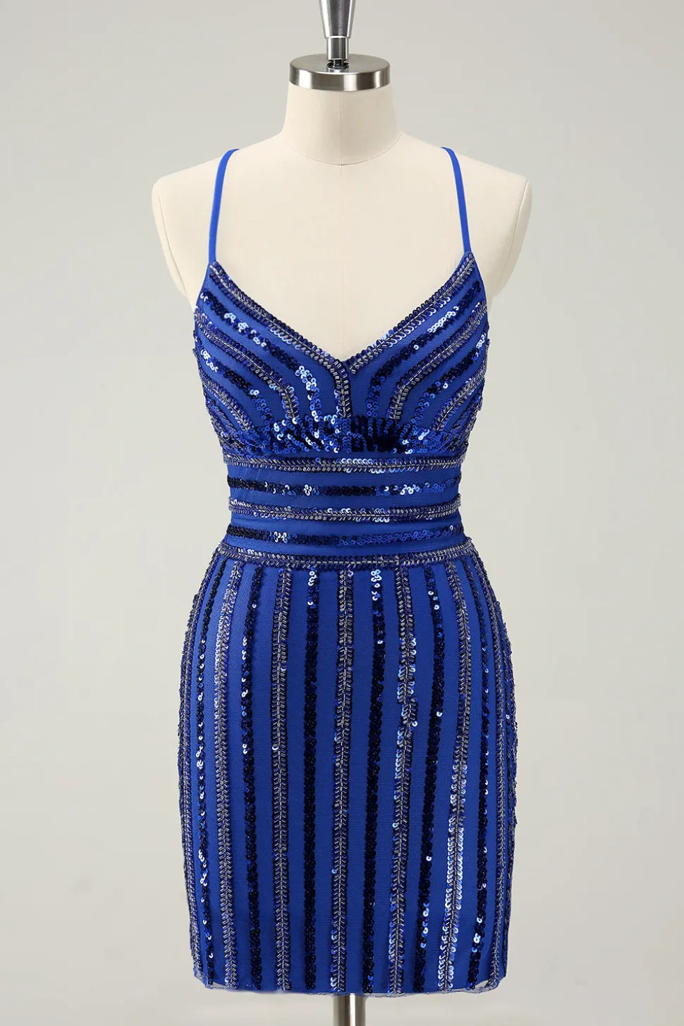 Sparkly Royal Blue Tight Sequined Spaghetti Correias Homecoming Vestido