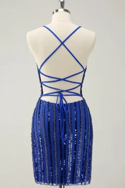 Sparkly Royal Blue Tight Sequined Spaghetti Correias Homecoming Vestido