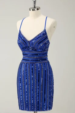 Sparkly Royal Blue Tight Sequined Spaghetti Correias Homecoming Vestido