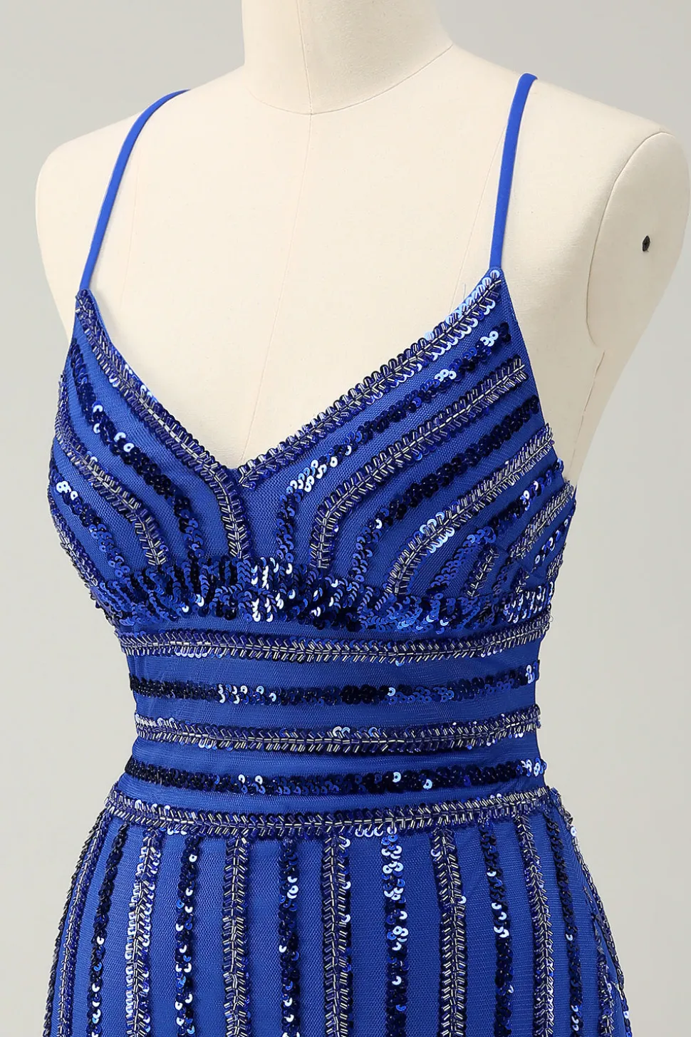 Sparkly Royal Blue Tight Sequined Spaghetti Correias Homecoming Vestido