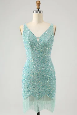 Sparkly Sage Bodycon V Pescoço Sequin Vestido Curto Homecoming com Tassel