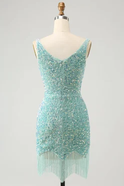 Sparkly Sage Bodycon V Pescoço Sequin Vestido Curto Homecoming com Tassel