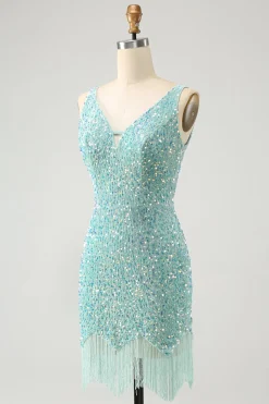 Sparkly Sage Bodycon V Pescoço Sequin Vestido Curto Homecoming com Tassel