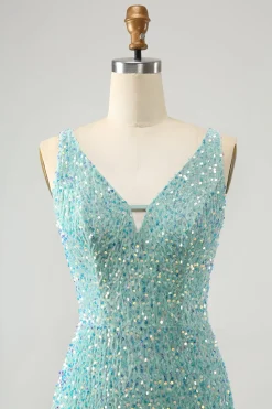 Sparkly Sage Bodycon V Pescoço Sequin Vestido Curto Homecoming com Tassel
